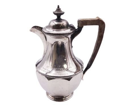 1930's silver hot water pot, of faceted baluster form with engraved dedication, and wooden handle and finial, hallmarked Harr