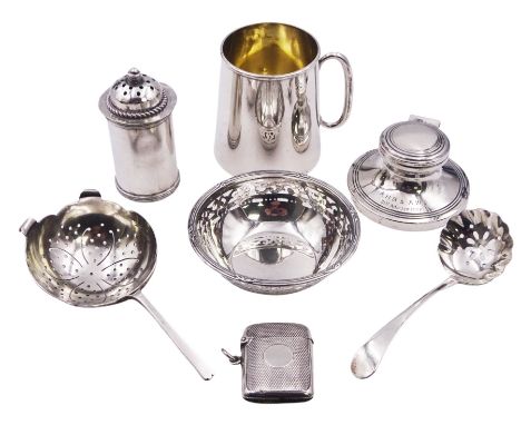 Group of silver, comprising 1920's christening mug of plain slightly tapering form with C handle, hallmarked Crisford & Norri