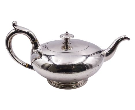 Victorian silver teapot, of plain compressed spherical form with scroll capped curved handle, upon a short stepped foot, hall