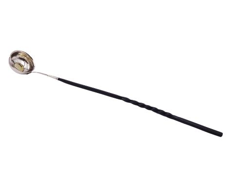 George III silver toddy ladle, the silver circular bowl engraved with monogram and inset with George II 1758 shilling to cent