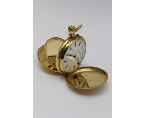 AN 18CT GOLD HUNTER GENTLEMEN'S POCKET WATCH, with repeater mechanism, white enamel dial and secondary dial, No. 59090 (not n