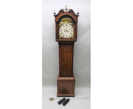 A 19TH CENTURY OAK LONGCASE CLOCK the hood having swan pediment, over arched aperture, with twin pilaster sides, unglazed, ho