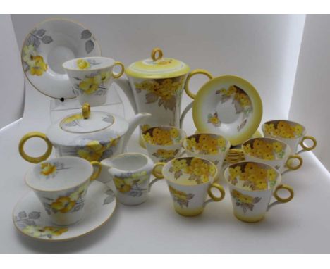 A PART SHELLLEY CHINA COFFEE SET, yellow phlox pattern decoration, shape No. W12190, comprising; coffee pot with lid, six cup