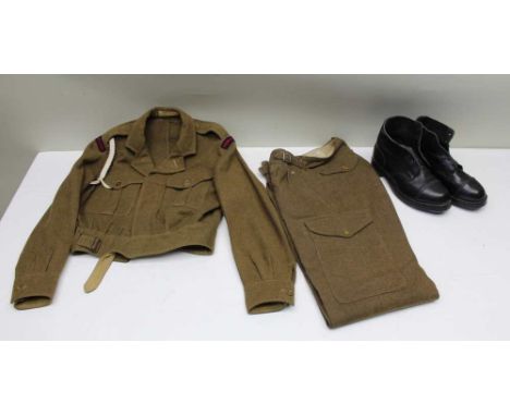 A PAIR OF SIZE 10 HOBNAIL GUARDS BOOTS, together with a 'Royal Artillery' battle dress blouse 1949, size 7, with lanyard and 