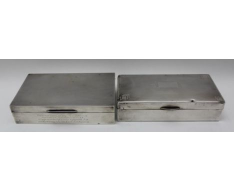 ADIE BROTHERS, A SILVER CIGARETTE BOX, with presentation inscription 'From the Crew of the M.Y. Maedin '...', 16.5cm wide, Bi