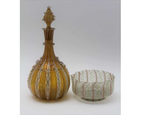 A VENETIAN FLASK BOTTLE & STOPPER, amber colour with lines of white spiral twist, aventurine inlay, prunt mounted decoration,