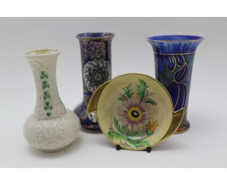 THREE SMALL BELLEEK POSY VASES, 13.5cm high, J Kent 15cm high, N Adams (signed to base) 14cm high, together with a Carltonwar