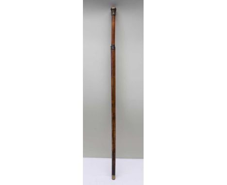 A 19TH CENTURY MALACCA CANE SWORDSTICK, embossed floral decorated brass knop handle, brass fittings, reveals a fullered blade