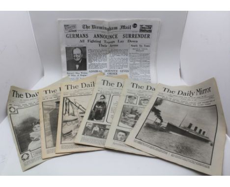 THE DAILY MIRROR' NEWSPAPERS COVERING THE LOSS OF THE TITANIC from Tuesday 16th April 1912, April 17th - 20th and 22nd (6 cop
