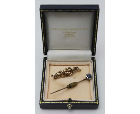 A SAPPHIRE &amp; DIAMOND STICK PIN, and a 9ct gold brooch, 3.2g 