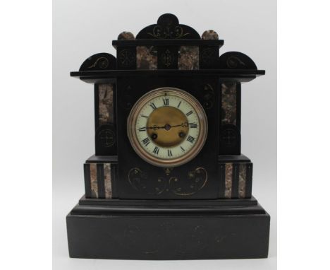 A VICTORIAN BLACK SLATE &amp; MARBLE MANTEL CLOCK, dial with Roman numerals, 8-day chiming movement, 32cm wide 