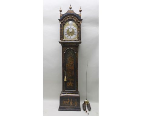 A GEORGE III CHINOISERIE LONG CASE CLOCK, by Samuel Bryan, London, the case gilded, and lacquer decorated on a blue / black g