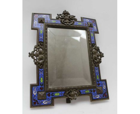 A LATE 19TH CENTURY CHAMPLEVE FRAMED CAST METAL VANITY MIRROR, easel stand back, fitted bevel plate, 23cm highCondition Repor