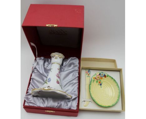 A 'CROWN DEVON' CERAMIC BUTTER DISH &amp; KNIFE, hand painted floral design on a yellow ground, in original box, together wit