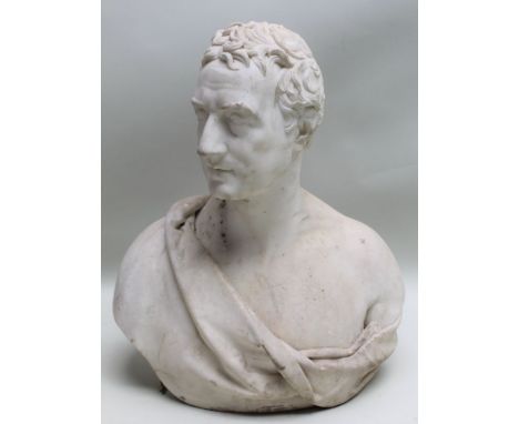 A 19TH CENTURY MARBLE BUST AFTER THE ANTIQUE bust length portrait of a man with a robe across shoulder, 64cm highCondition re