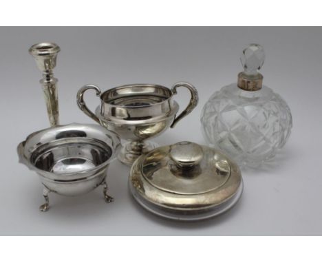 A COLLECTION OF SILVER &amp; SILVER MOUNTED ITEMS to include; a powder bowl, candlestick, two-handled bowl, a sweetmeat bowl,