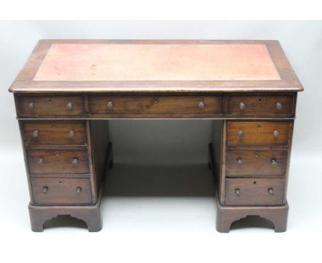 A LATE 19TH/EARLY 20TH CENTURY MAHOGANY TWIN PEDESTAL DESK , with skiver insert top over three drawers, supported on two colu