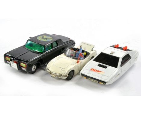 Corgi TV Related Trio comprising James Bond Lotus and Toyota, plus The Green Hornet, all with missiles. Signs of wear more so