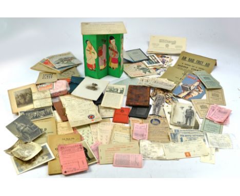 War related and historical Ephemera group comprising many dozen items of interest dating first and second World Wars. Ration 