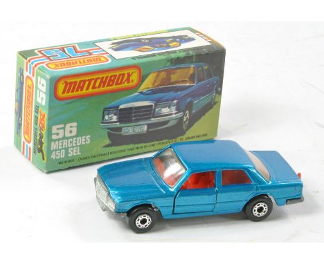 Matchbox Superfast No. 56c Mercedes 450. Metallic blue body with harder to find red interior, unpainted base. Excellent in ex