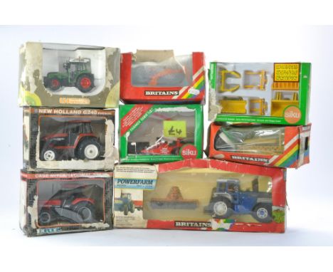 Eight various 1/32 Farm issues including Ertl, Siku and Britains inclusive of Ford Powerfarm Set, tractor and implements. Mos