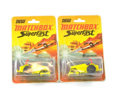 Matchbox Superfast No. 21b Rod Roller x 2. Lemon yellow body with flame label, red seat, harder to find black plastic base, b