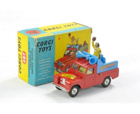 Corgi No. 487 Chipperfields Circus Land Rover Parade Vehicle. With clown figure, tow hook. Generally Excellent, slight mark t