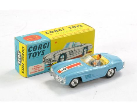 Corgi No. 303S Mercedes 300SL Open Roadster. Blue with yellow interior, inc figure. Racing No. 9. Generally excellent, the od