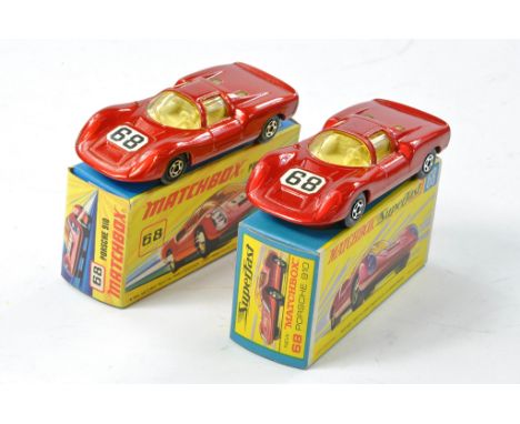 Matchbox Superfast No. 68a Porsche 910 x 2. Metallic red with ivory interior, light amber windows, racing no. 68 and unpainte