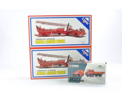 Corgi early 90's American Lafrance Aerial Ladder Fire Truck Duo, excellent in boxes plus Heavy Haulage combo set in the liver