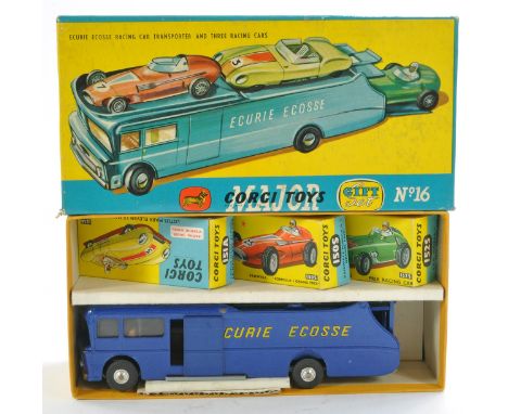 Corgi No. GS16 Gift Set Ecurie Ecosse comprising 1) Ecurie Ecosse Car Transporter. Dark blue with gold lettering, tan interio