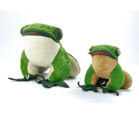 Large Vintage Merrythought Frog, with label plus a smaller issue (without label). Some wear to both and in need of careful cl