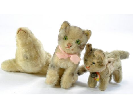 Steiff Duo of Miniature Vintage Cats, approx. 10cm, one with button, one with label plus seal issue. Cats are very good to ex