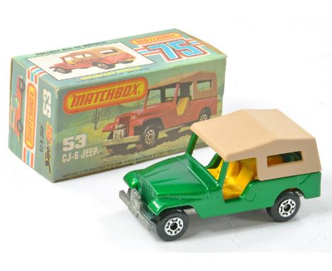 Matchbox Superfast No. 53c CJ-6 Jeep. Metallic green with metal base, yellow interior. Excellent, no obvious sign of wear in 