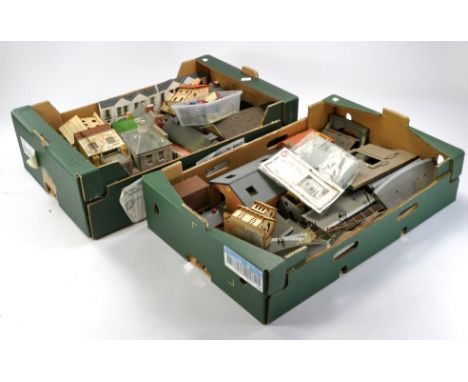 Model Railway group comprising two trays of various buildings and accessories. Ex layout so some with wear and faults. 