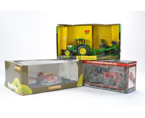 Mixed 1/32 farm group comprising Universal Hobbies Kuhn Front and Rear Mower Set, Ertl John Deere Tractor and Implement set p