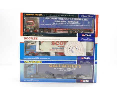 Corgi Diecast Model Truck Issues comprising No. 75803 MAN Curtainside in the livery of Gallacher Bros, No. CC12201 Scania Cur