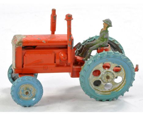 Charbens Vintage Metal Tractor with driver. Orange with light blue tyres, silver wheels and trim. Generally very good, some m