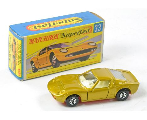 Matchbox Superfast No. 33a Lamborghini Miura. Light Metallic Gold, ivory interior with pink base and wide wheels, high arches