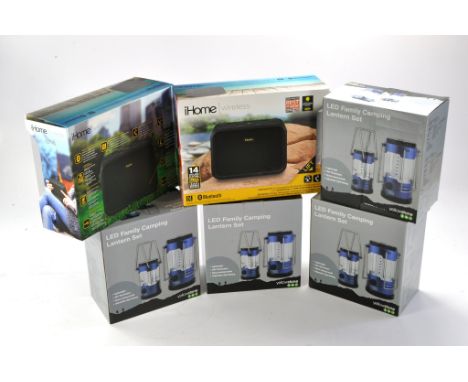 Ihome Wireless Speaker System x 2, plus Camping Lanterns x 4. All look to be unused. 