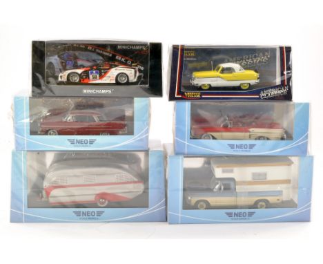 A group of four boxed scale models in 1/43 from Neo comprising Opel Kapitan, Caravan (loose part in box), Chevrolet Impala an