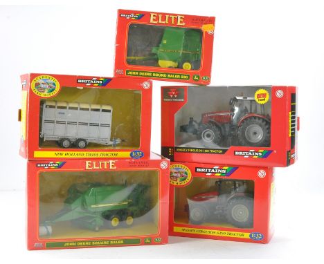 Britains Farm 1/32 Tractor and Implement group including John Deere Elite issues, Massey Ferguson and others. Sheep Trailer w
