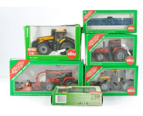 Siku 1/32 farm tractor and implement issues x 6. Case, JCB etc. Unusual Case and Kemper set but damage to Kemper attachment. 