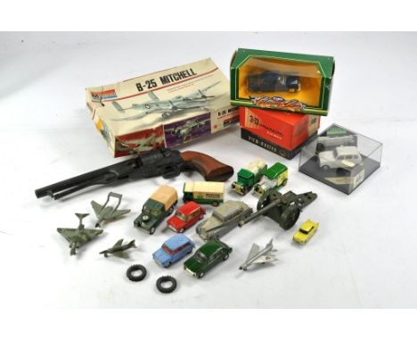 Spot-On Austin 7, Corgi Mini issues and other worn diecast plus Dinky Aircraft, model kits and others as shown. 