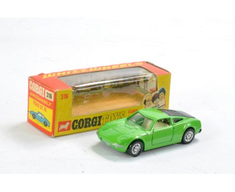 Corgi No. 316 Ford GT70. Green with white interior. Very good although has cracked screen in good box. 
