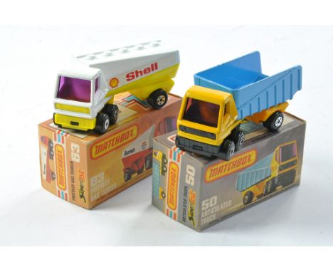 Matchbox Superfast No. 50b Articulated truck in yellow and blue, plus No. 63b Freeway Gas Tanker in Shell livery, purple wind
