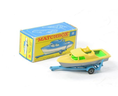 Matchbox Cabin Cruiser and Trailer. Preproduction Colour Trial with grey, green and light tan boat on lighter blue trailer. 
