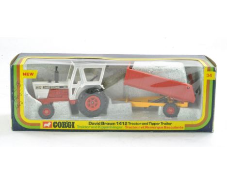 Corgi No. GS34 David Brown 1412 Tractor and Trailer. Excellent with no obvious sign of wear in good box, some pen graffiti as