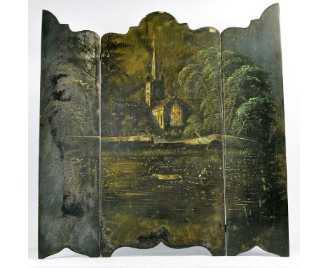 Vintage fire screen depicting Church - Village scene. 