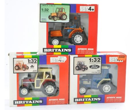 Britains 1/32 farm issues comprising 1) No. 9495 Ford 2120 Tractor, 2) No. 9502 MF 362 Tractor and 3) No. 9492 Renault 70-14.